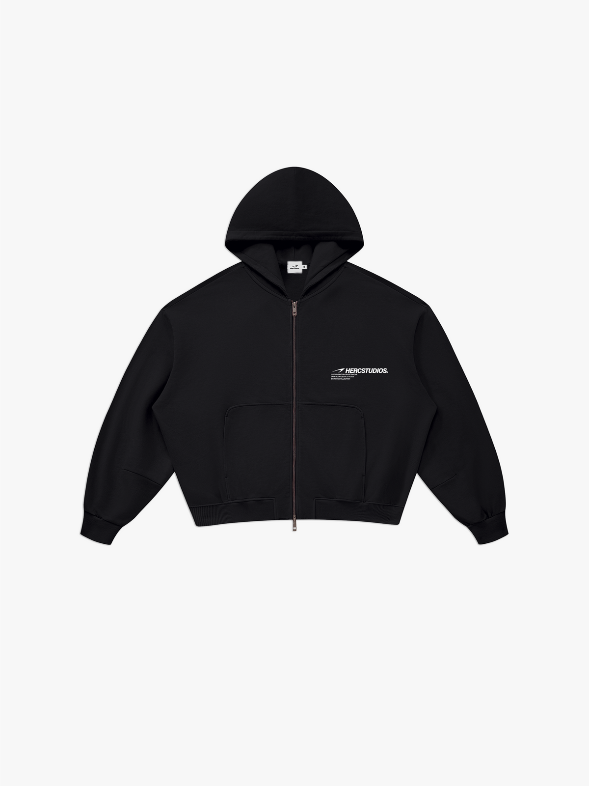 HERCSTUDIOS Vintage Wash Boxy Zip Hoodie - Black front flat lay