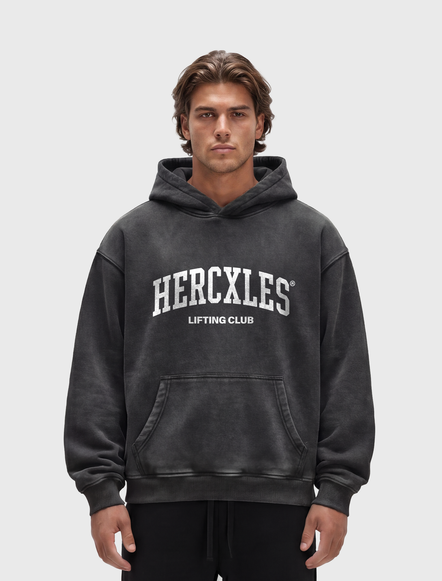 HERCXLES Lifting Club Snow Wash Oversized Hoodie - Washed Black model front