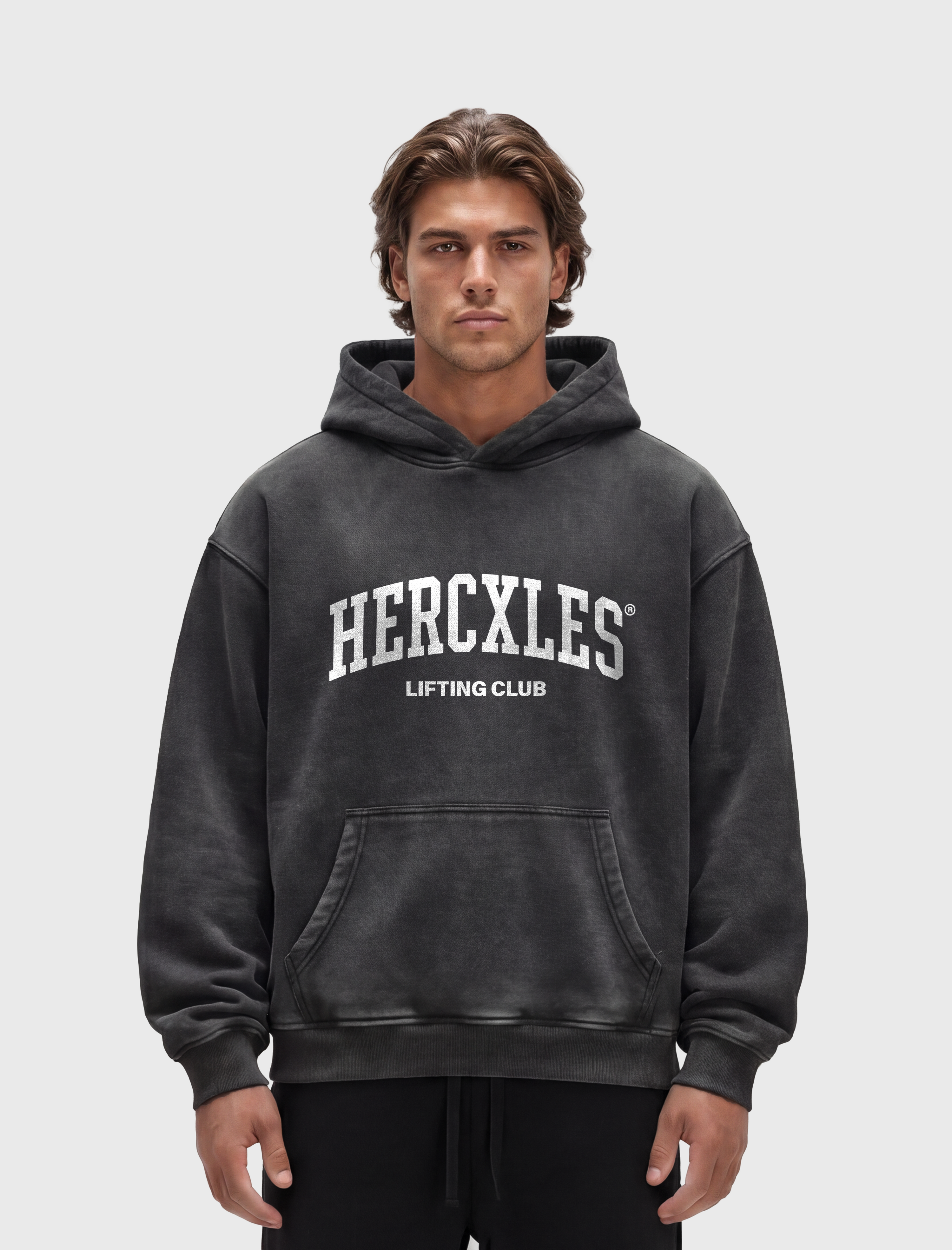 HERCXLES Lifting Club Snow Wash Oversized Hoodie - Washed Black model front