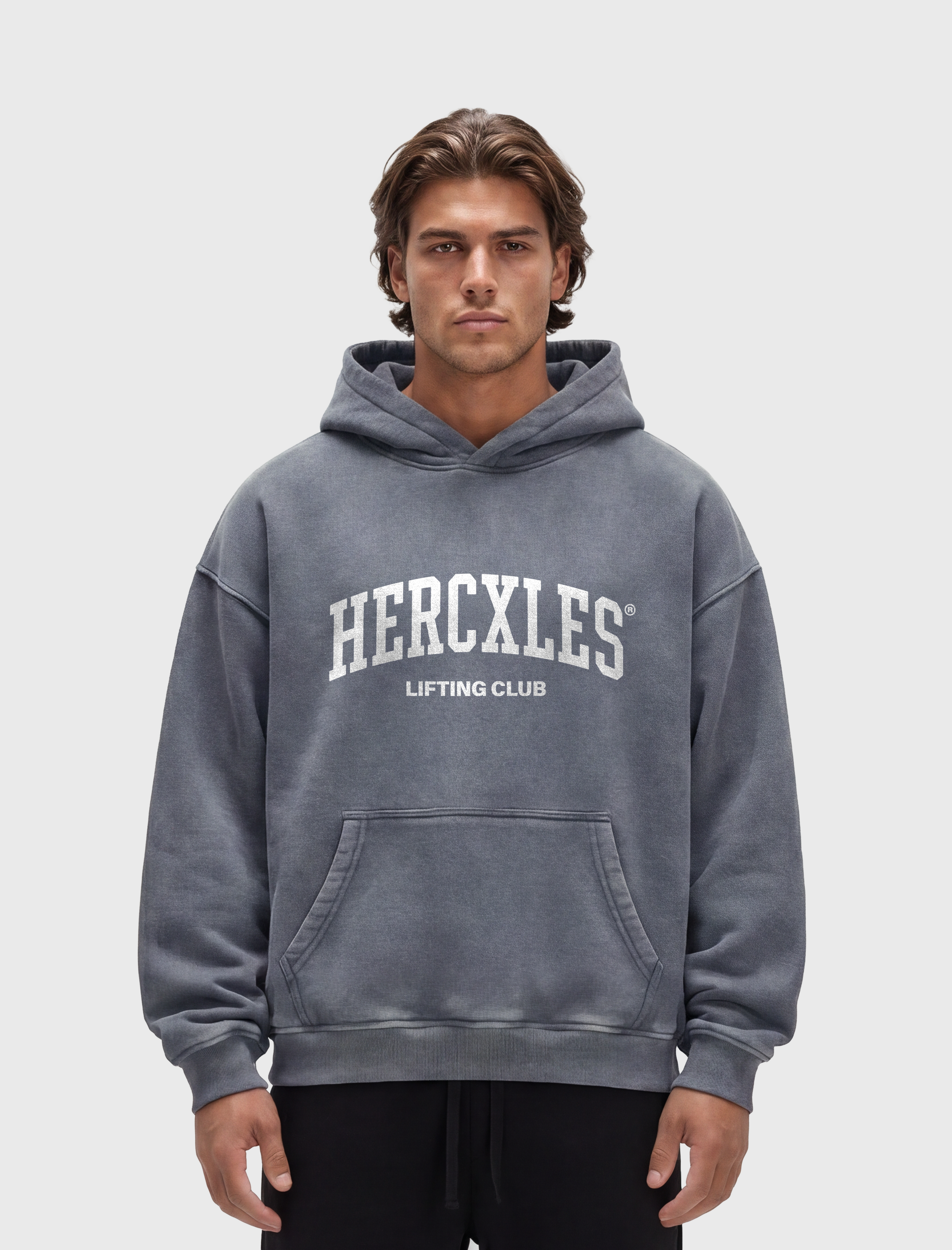 HERCXLES Lifting Club Snow Wash Oversized Hoodie - Washed Blue model front