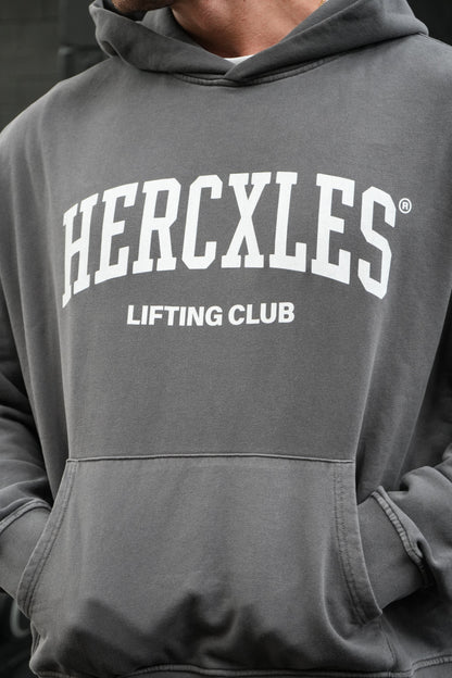 HERCXLES Lifting Club Vintage Wash Boxy Hoodie - Dark Grey chest artwork detail