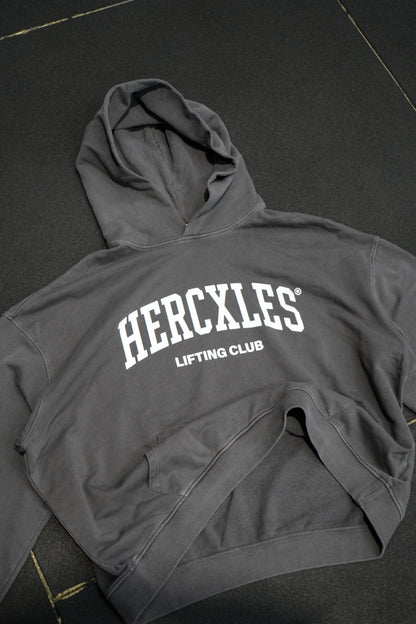 HERCXLES Lifting Club Vintage Wash Boxy Hoodie - Dark Grey gym flat detail