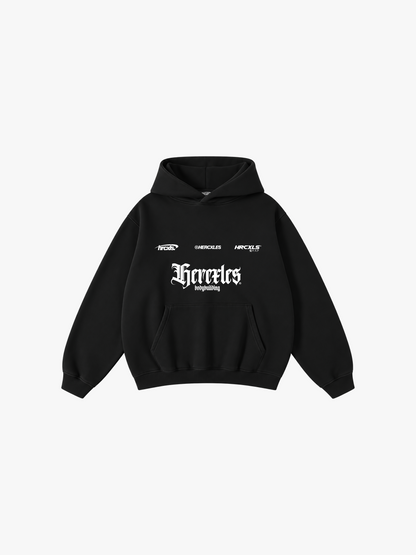 HERCXLES: Gothic Multi Logo Oversized Hoodie - Black Beauty front flat lay