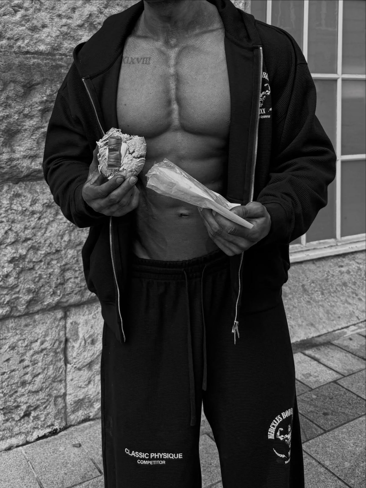 Worldwide Competitor Sweatpants - Black / White model open zip hoodie and joggers detail (p5)