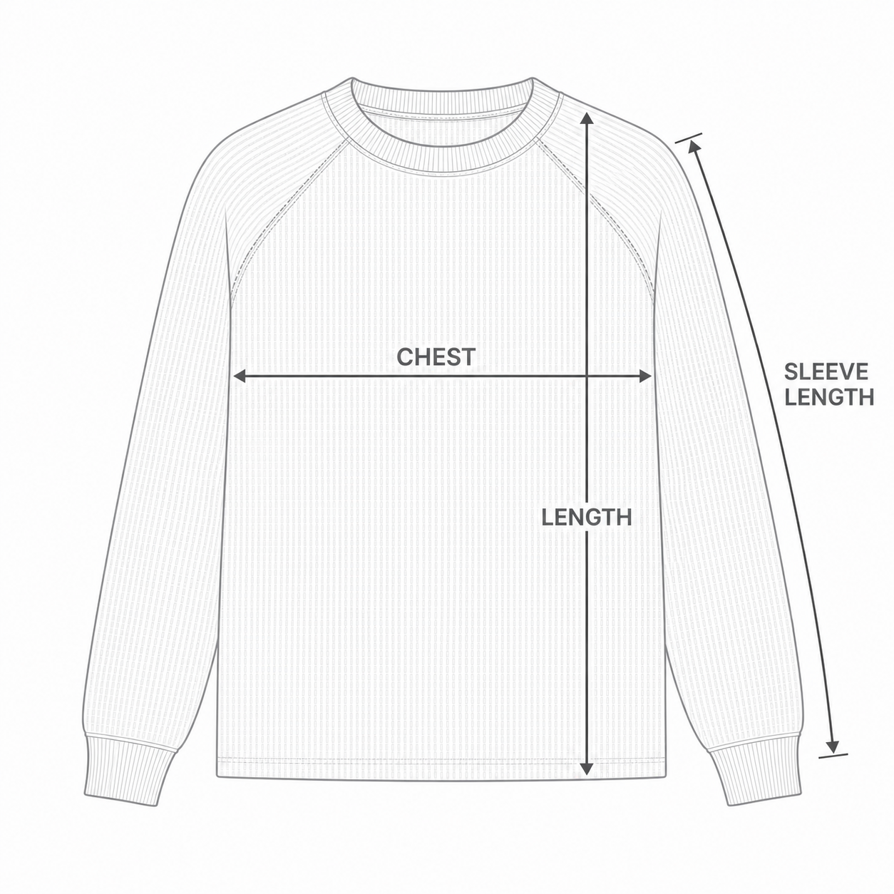 Long sleeve top chest, length, and sleeve length measurement guide