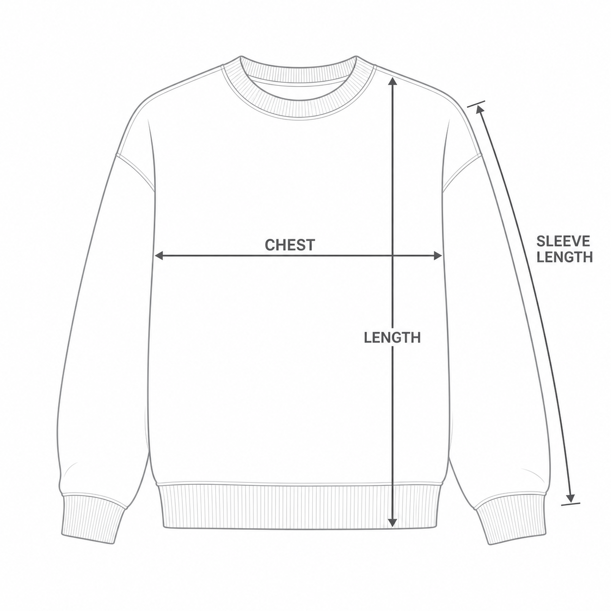 Sweatshirt chest, length, and sleeve length measurement guide